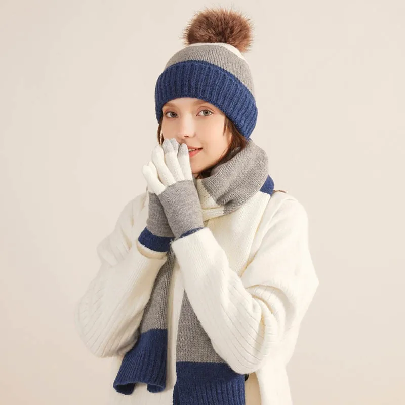 

Women&Men Autumn Winter Warm Wool Hat Scarf Gloves Slouchy Three Pieces Winter Snow Knit Cap Screen Mittens Scarves Sets