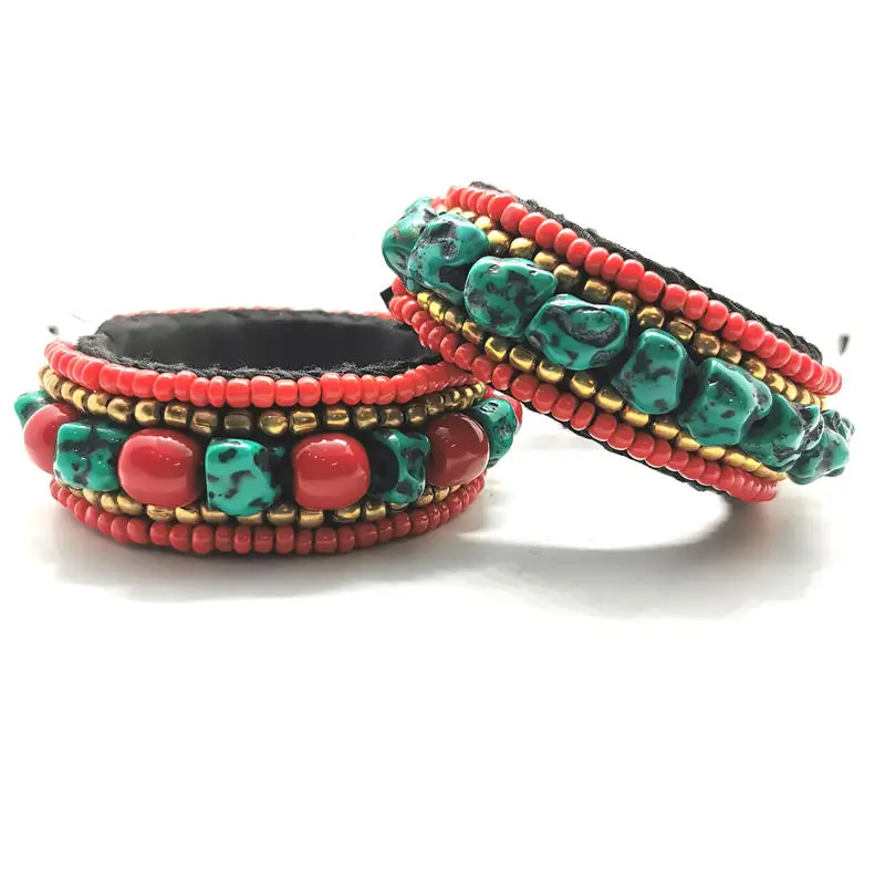 Tibetan Ethnic Handmade Bangles Simulated Turquoise Nugget Beaded Open Cuff BB-101