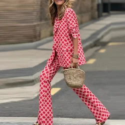 Women Autumn winter Checkered Suit Jacket Set Women Elegant Printed Red Office Two Piece Set Button Jackets&Straight Pants Neww