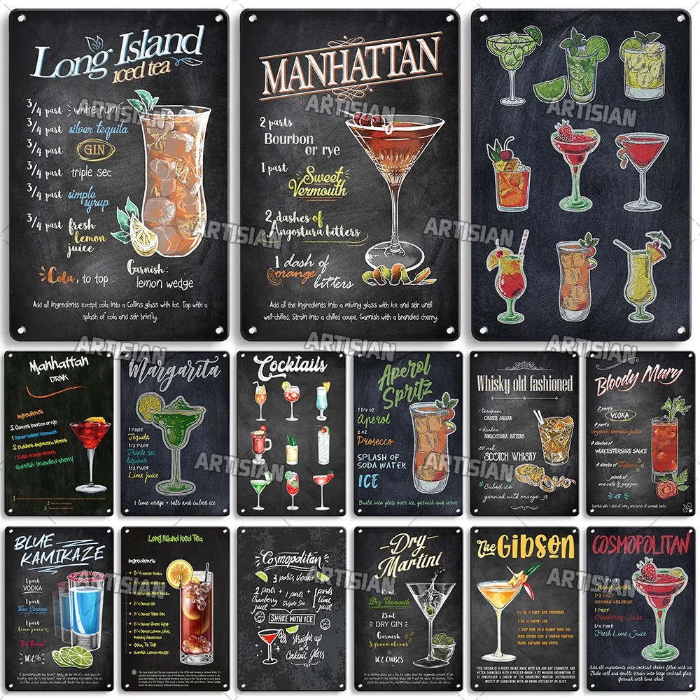 Image of Vintage Sortiertes Cocktail-Rezept-Set im Kreidetafel-Stil, Retro Long Island Iced Tea Manhattan Margarita Metall-Wandkunst, R