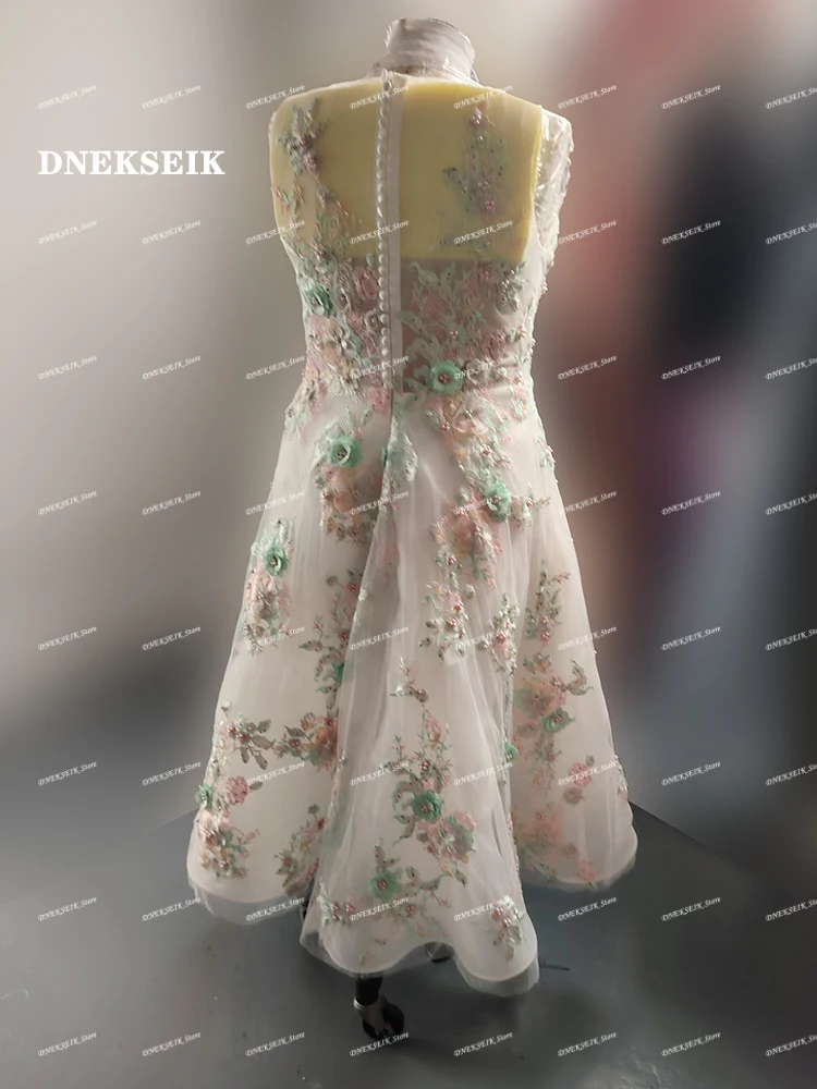 2024 Florals Appliqued Sheer Jewel Neck A Line Short Formal Prom Dresses Buttons Back Ankle Length Homecoming Dress