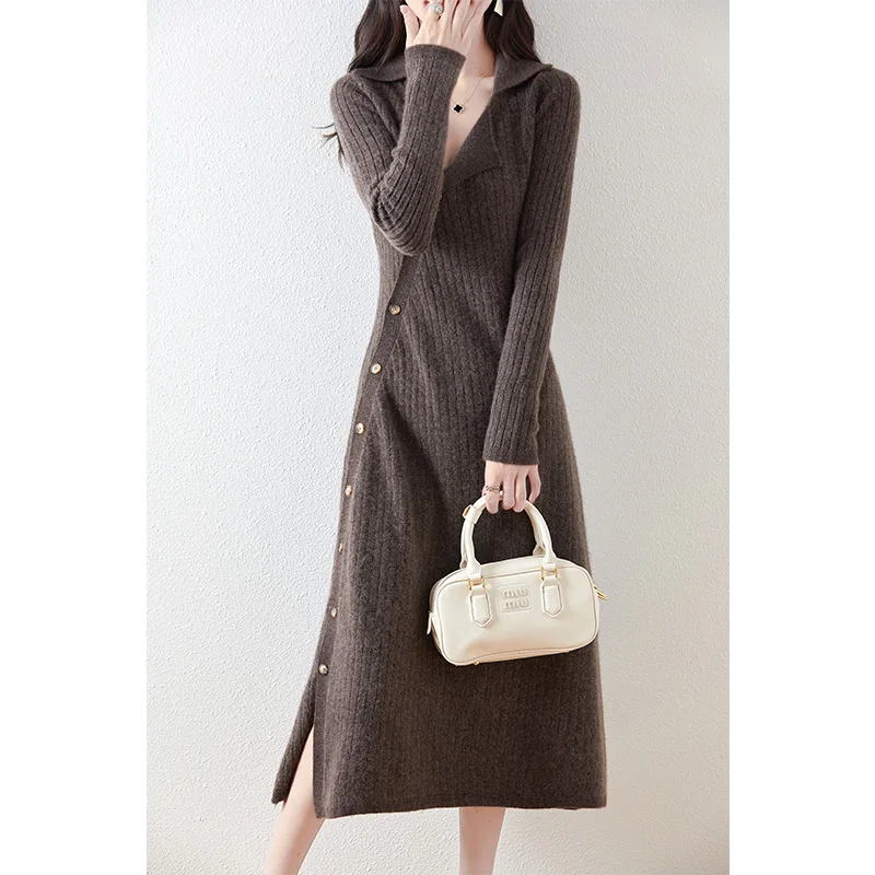 

2024 new autumn and winter, women's long dress, casual, fashionable, popular, lapel, wool knitted skirt