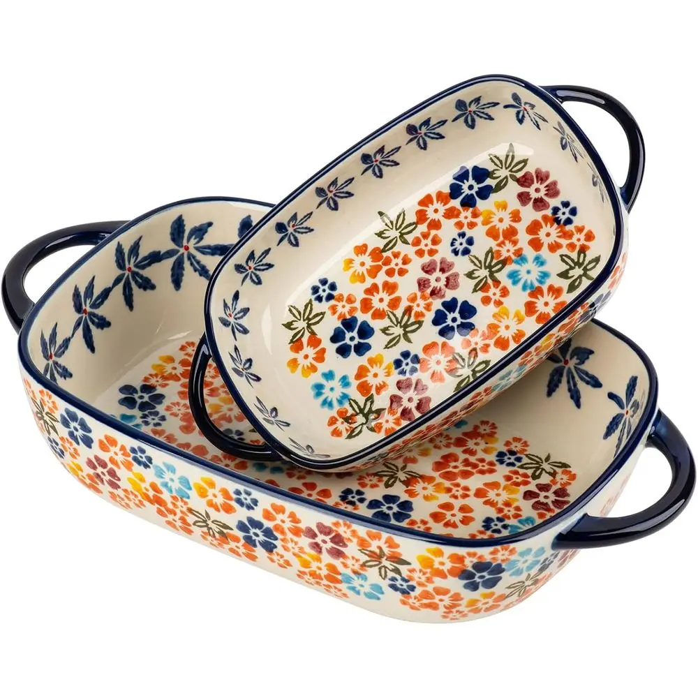 

Retro pastoral style Ceic Bg Dish Recular Bakeware Set Bg Pan, 2-piece Hand-painted Porcelain Bg pan with handle, Casserole Dish