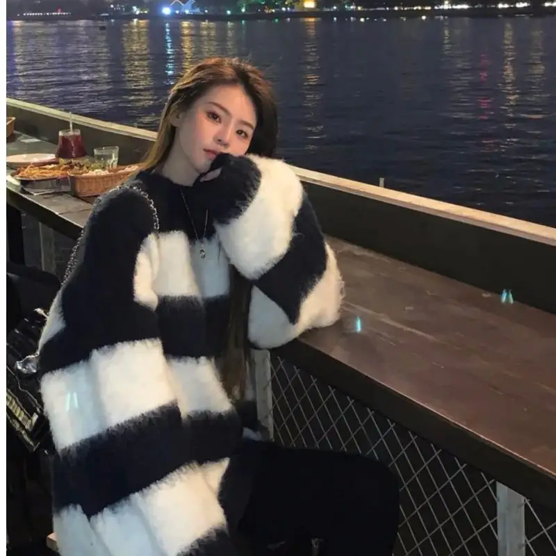 Lazy Style Soft Sticky Striped Faux Mink Fur Pullover Women, Loose Thick Knit Sweater For Autumn And Winter