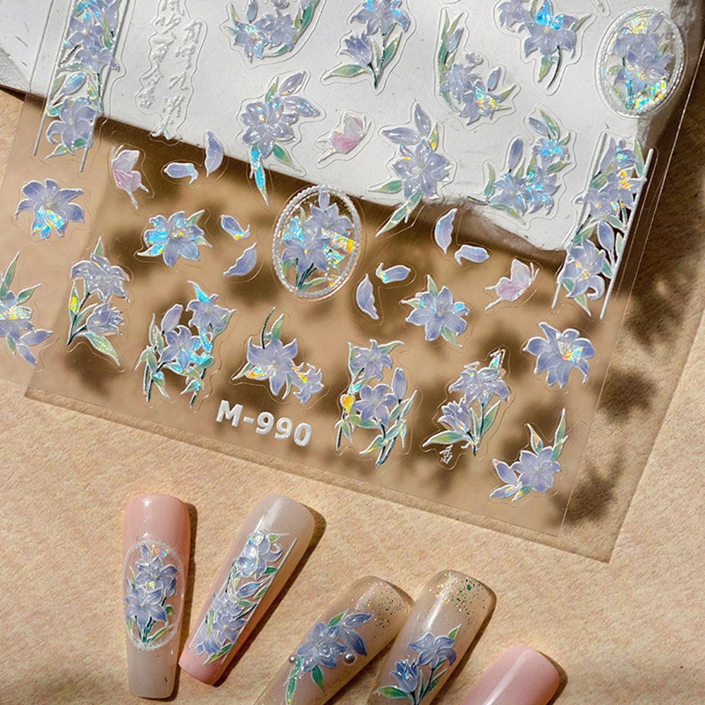 Blühende Lilie Blumen Schmetterling Frühling Charmantes Blumenblütenblatt 5D Nail Art Aufkleber Gelee Selbstklebende Dekoration Maniküre Aufkleber