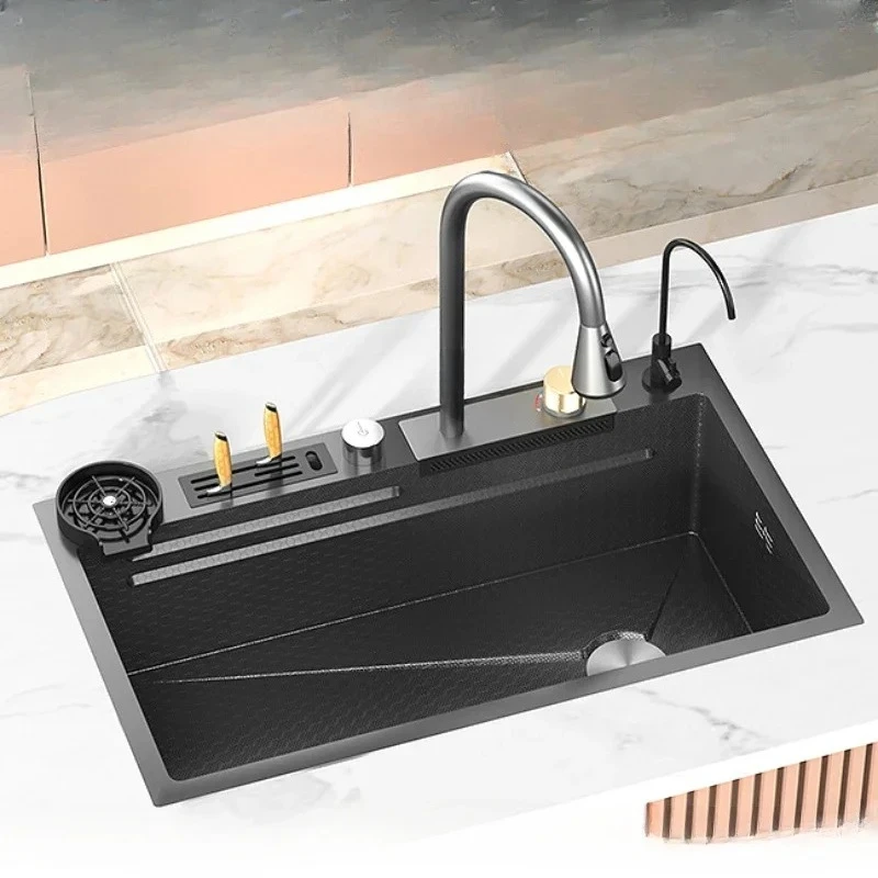 

Waterfall Sink Embossed Honeycomb Kitchen Stainless Steel Large Single Sink Household Washing Vegetables Basin Sink