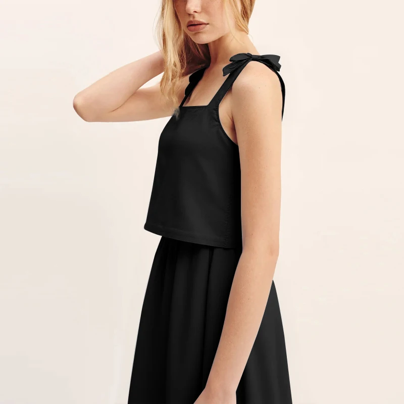 French Elegant Women's Linen Two-Piece Set 2026 Summer New Chic Bow Ties Sleeveless Tops Loose A-Line Skirt Woman Suit
