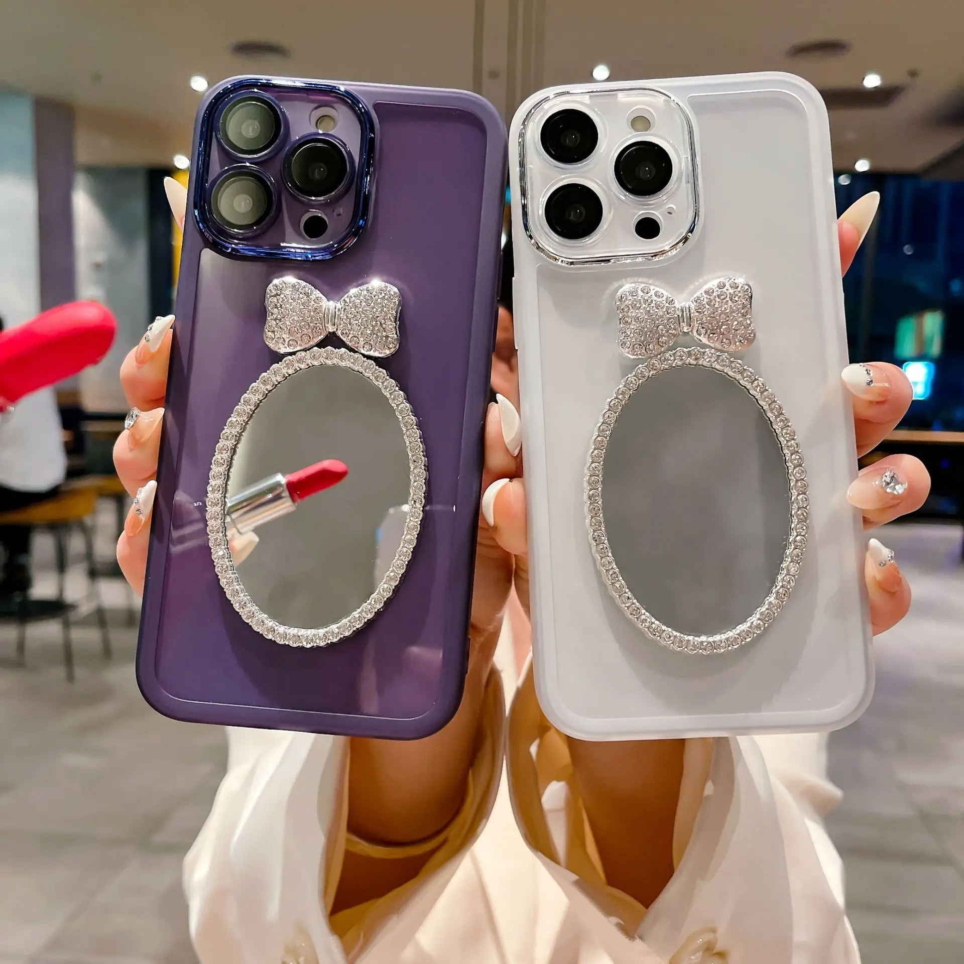 TRSYPHXM Comes with lens film Bow Makeup Mirror suitable for Iphone 15 phone case all inclusive for Apple 13/14 Black soft case