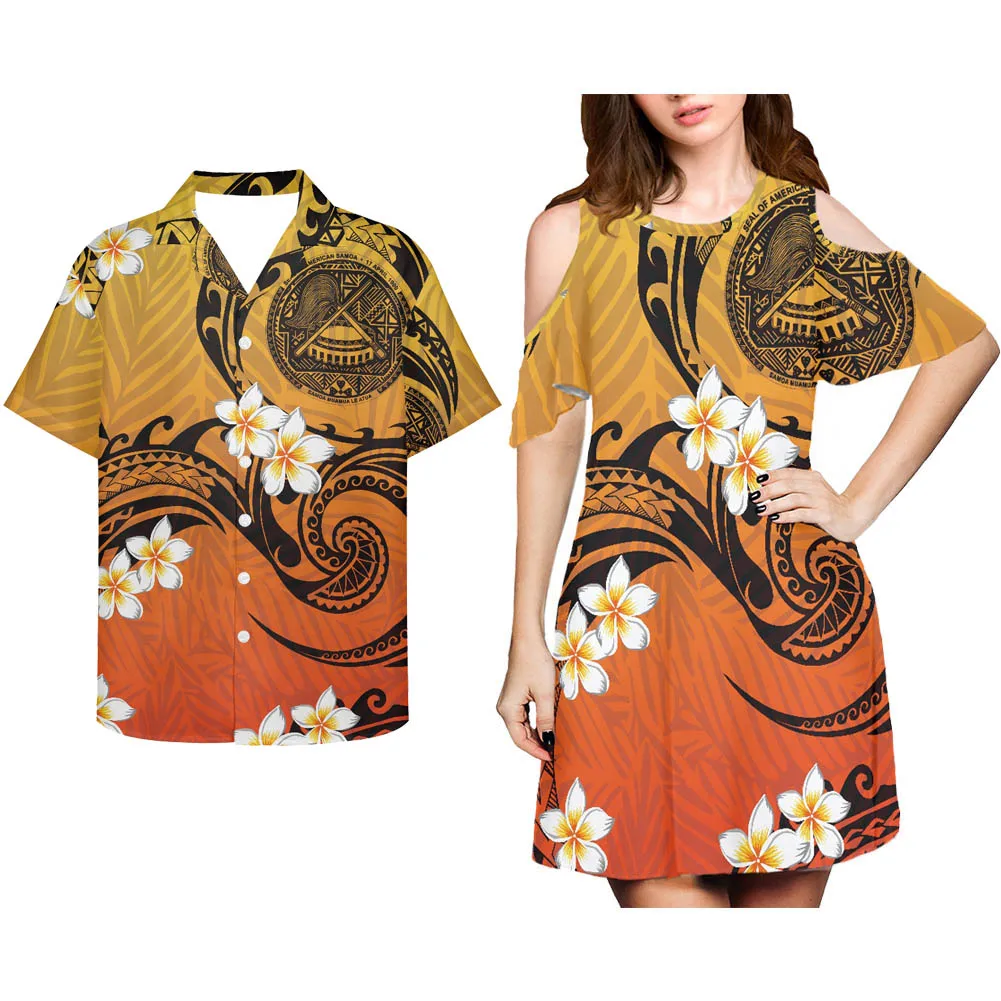 HYCOOL Brown Samoan Island Ethnic Couple Clothing Polynesian Tribal Cold Shoulder Dresses For Women 2022 Summer Vestido Casual