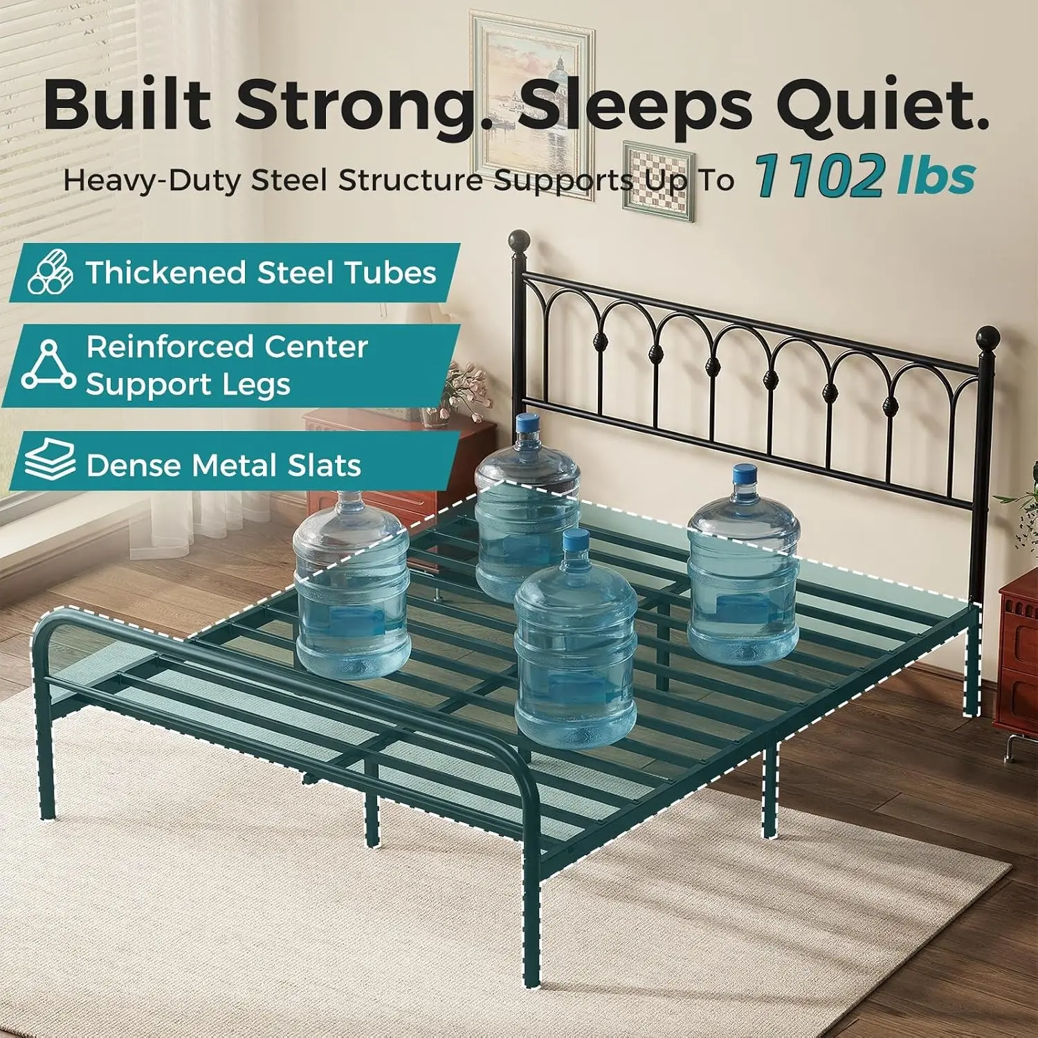 Metal Queen Bed Frame with Headboard, Black Iron Platform Bed Frame, Victorian Style, Stable Steel Slat Support, High Underneath