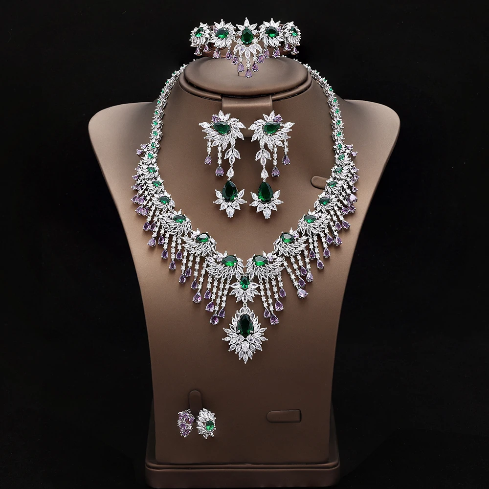 HIBRIDE Luxury Stunning Women Purple Necklace Earrings Bracelet Women Dress Decorative Jewelry Wedding Prom Holiday Gift S-1028