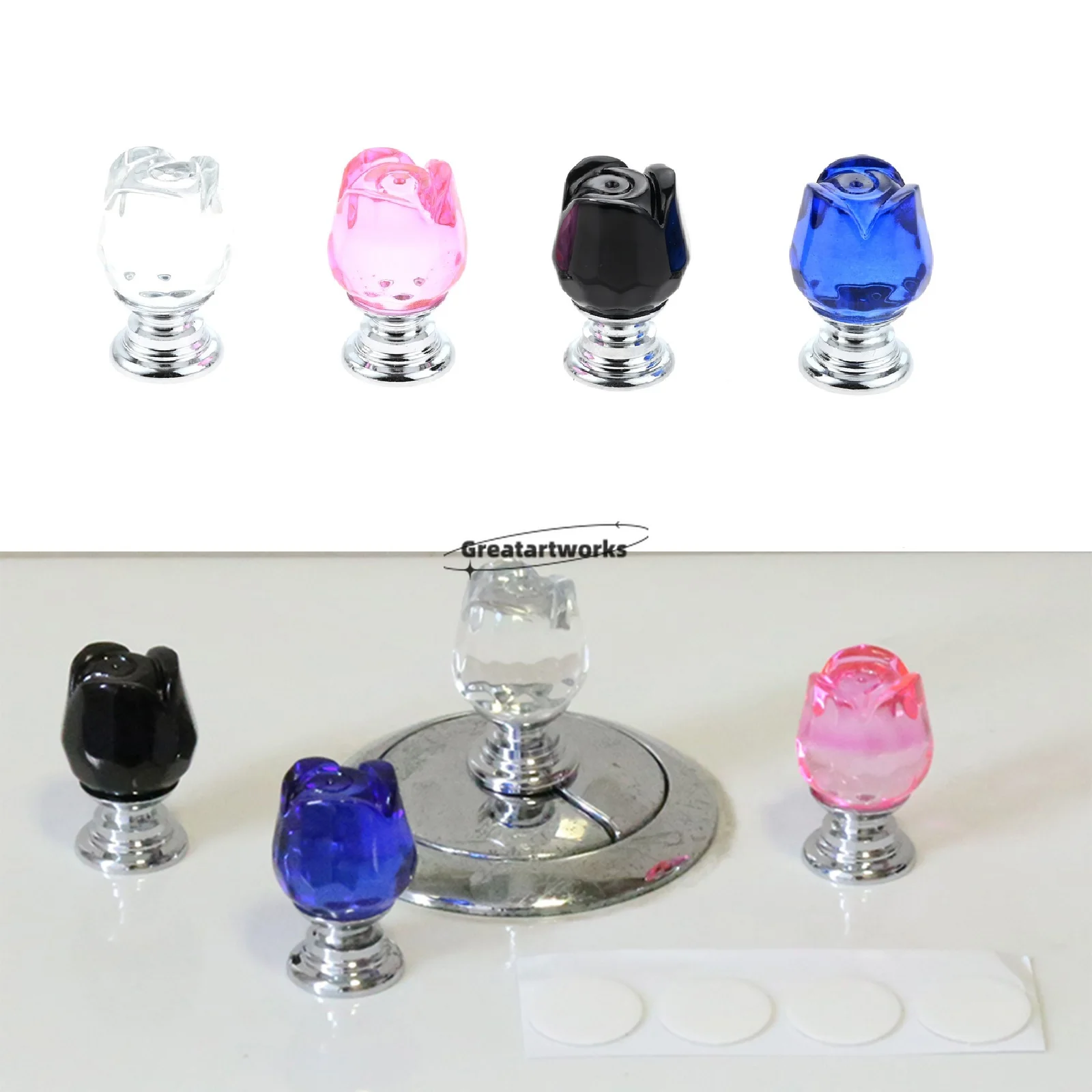 10pcs Crystal Rose Toilet Tank Button Presser Assistant Knob with Sticker Protect Long Nail Romantic 30mm Clear/Pink/Black/Blue