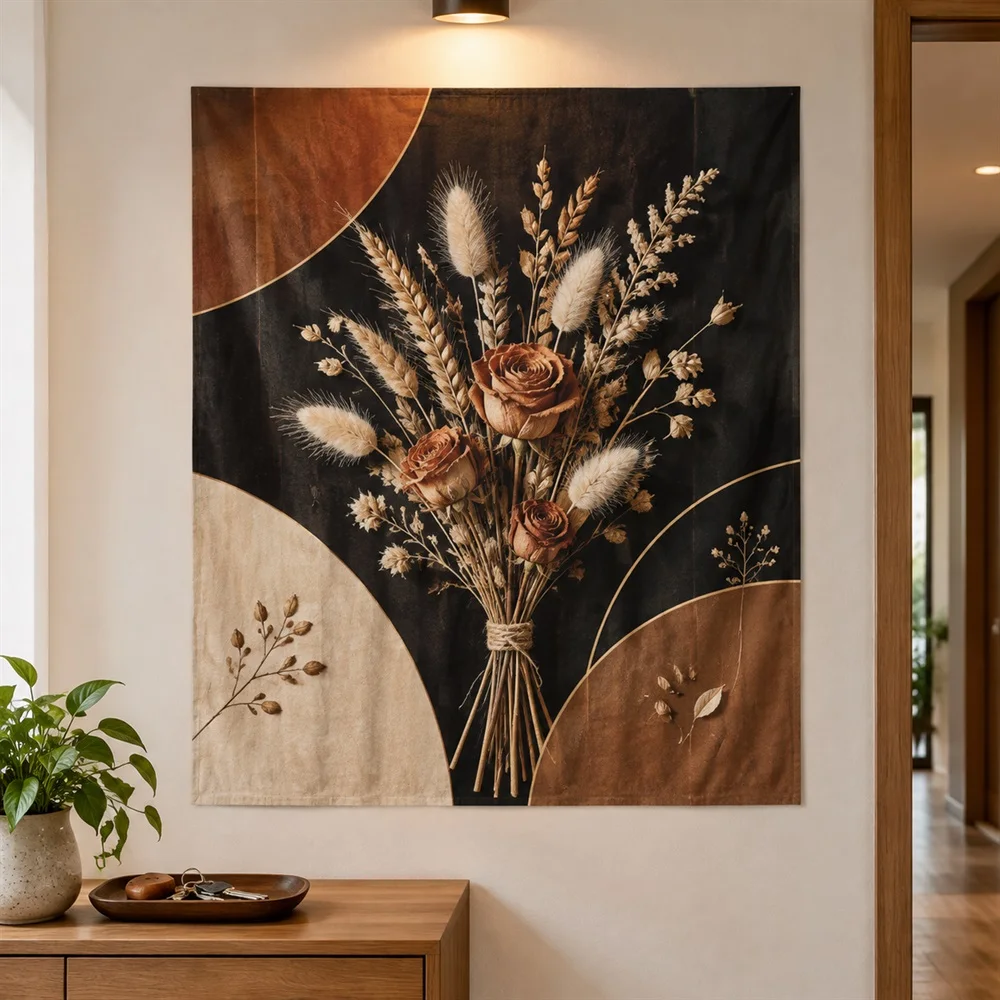 VIKAMA Dried Flower Bouquet Tapestry Wall Hanging, HD Print Wall Art, Rustic Botanical Decor for Living Room Bedroom Study
