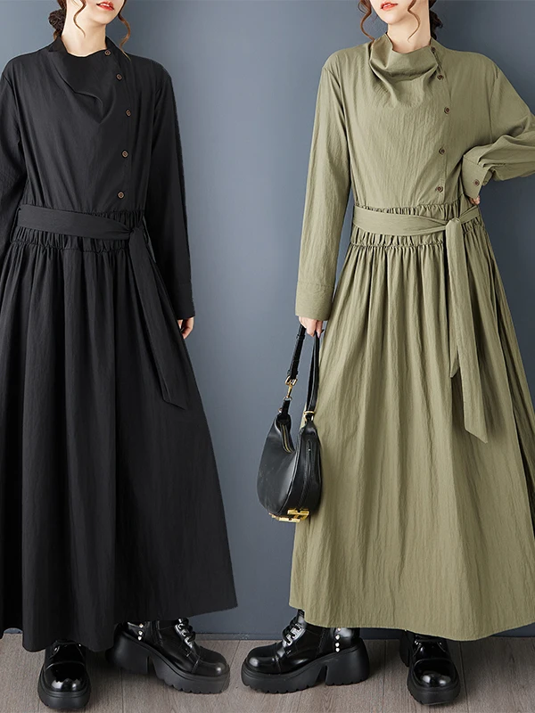 Ele تصميم فضفاض ربيع الخريف جديد Sle f ذوي الياقات العالية مطوي لصق منتصف طول التخسيس Dr Cotton irt Dr