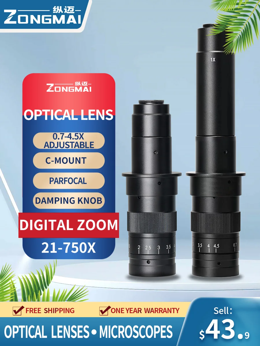 Barlow Lente de Vidro para Câmera de Microscópio Lente Objetiva Zoom Ajustável c Mount 0.7×4.5x Ampliação 100x 200x 400x 800x