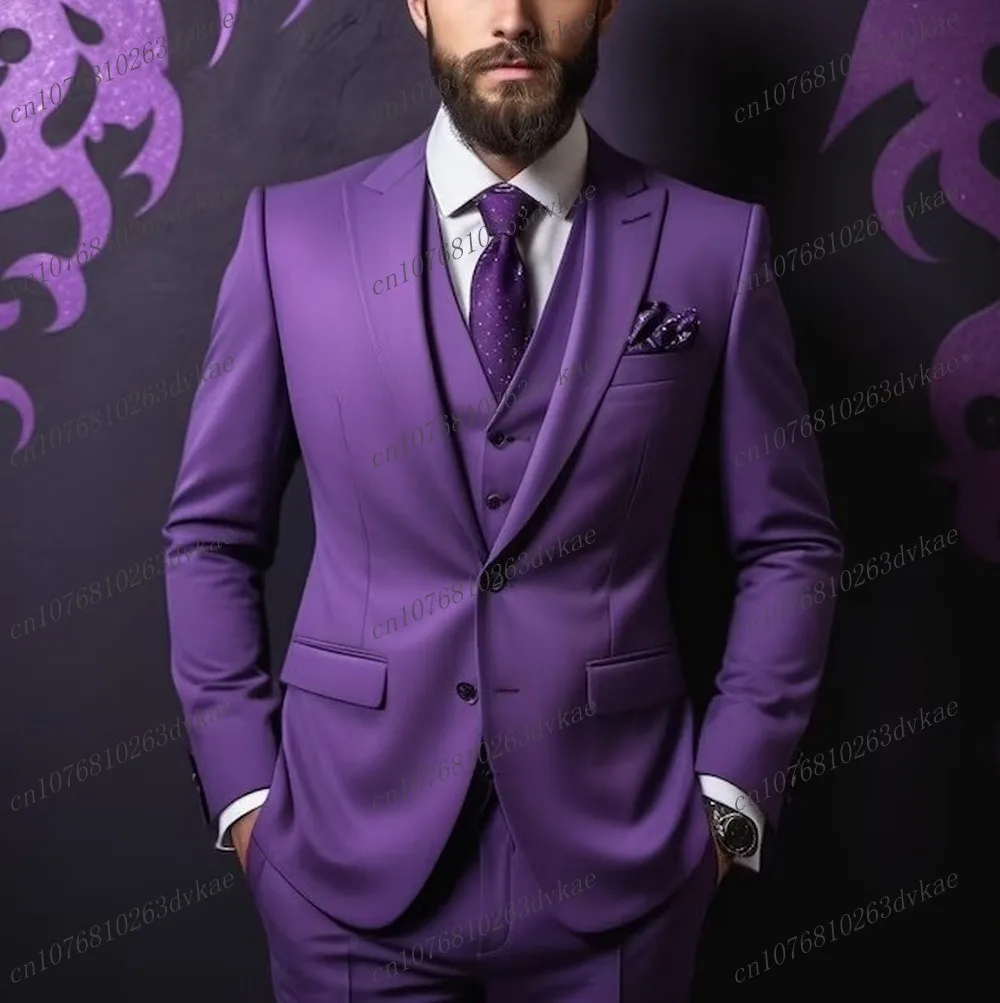 New Purple Formal Men Suit Groom Groomsman Wedding Party Prom Business Male Tuxedos 3 Piece Set Blazer Vest Pants Customized