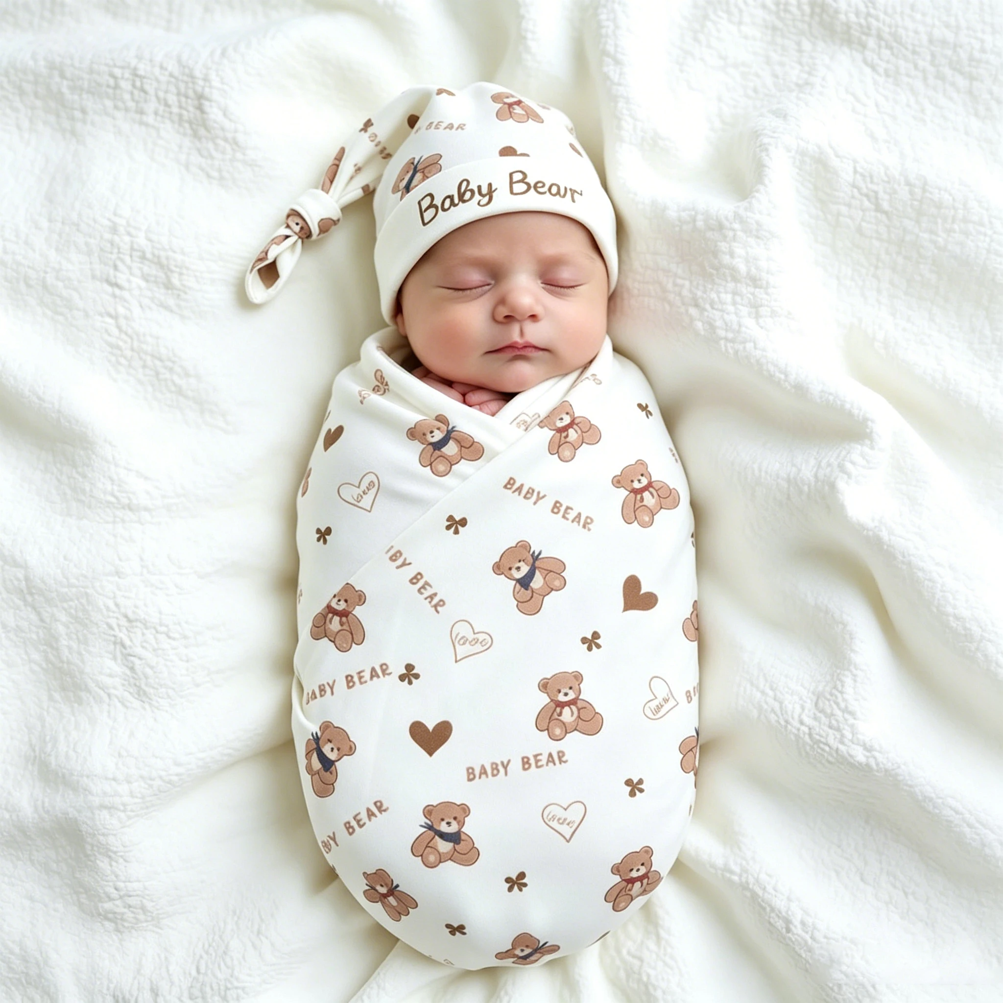 Neutral Bear Series Newborn Swaddle Blanket Knotted Hat Set 32×32in Soft Skin Friendly Baby Receiving Blanket Unisex Photography