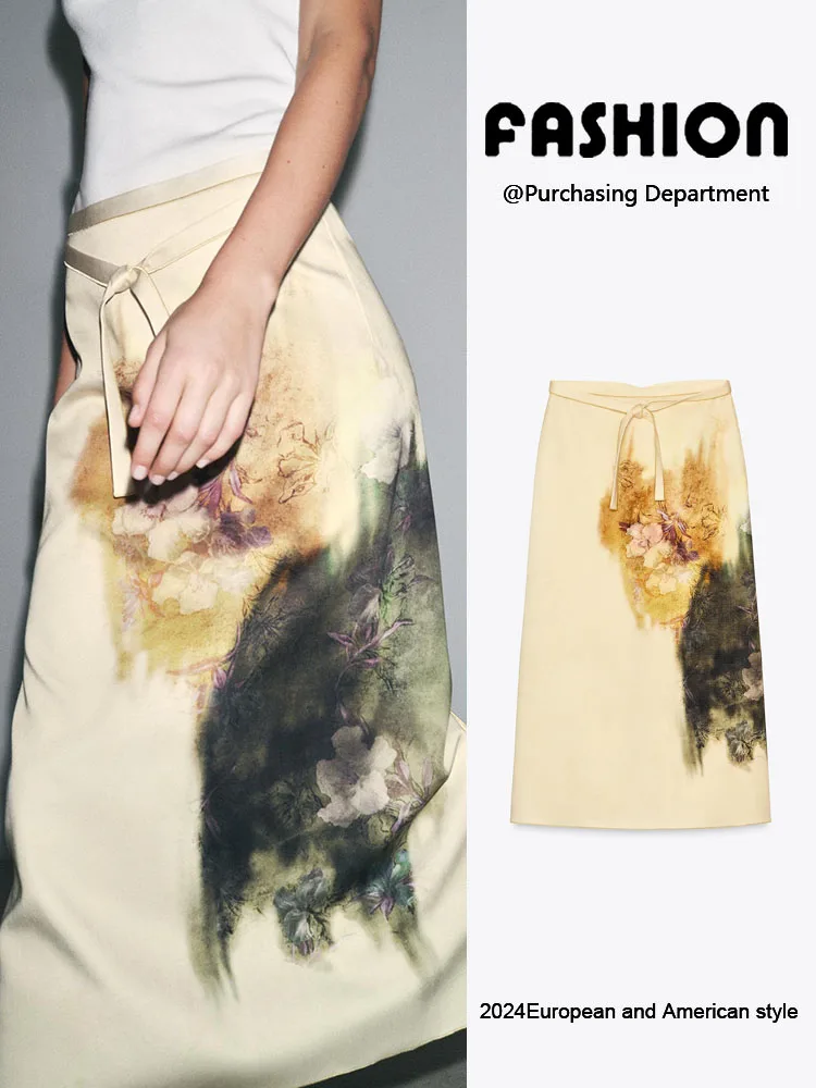 

Ele Mid-Waist Printed Midi Skirt for Women Summer New Arrival Mixed Fabric Asymmetrical Hem Commuter Sle A-Line Skirt