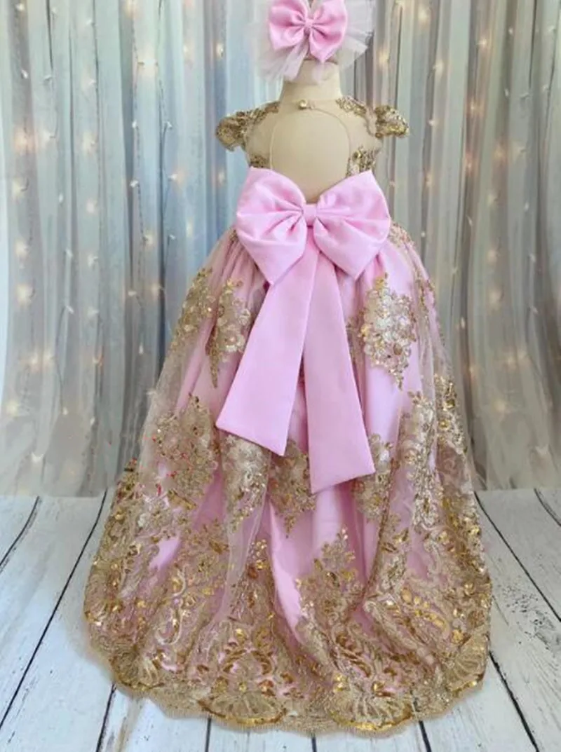 Pink Satin Flower Girl Dress Cap Sleeve Princess Wedding Party Dress First Gown Child Birthday Dress Prom Gown