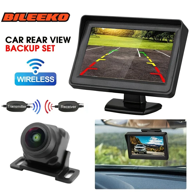 Car Rear View Kit 4.3IN Monitor with Wireless Transmitter Reversing Backup Camera for Universal Vehicle Parking