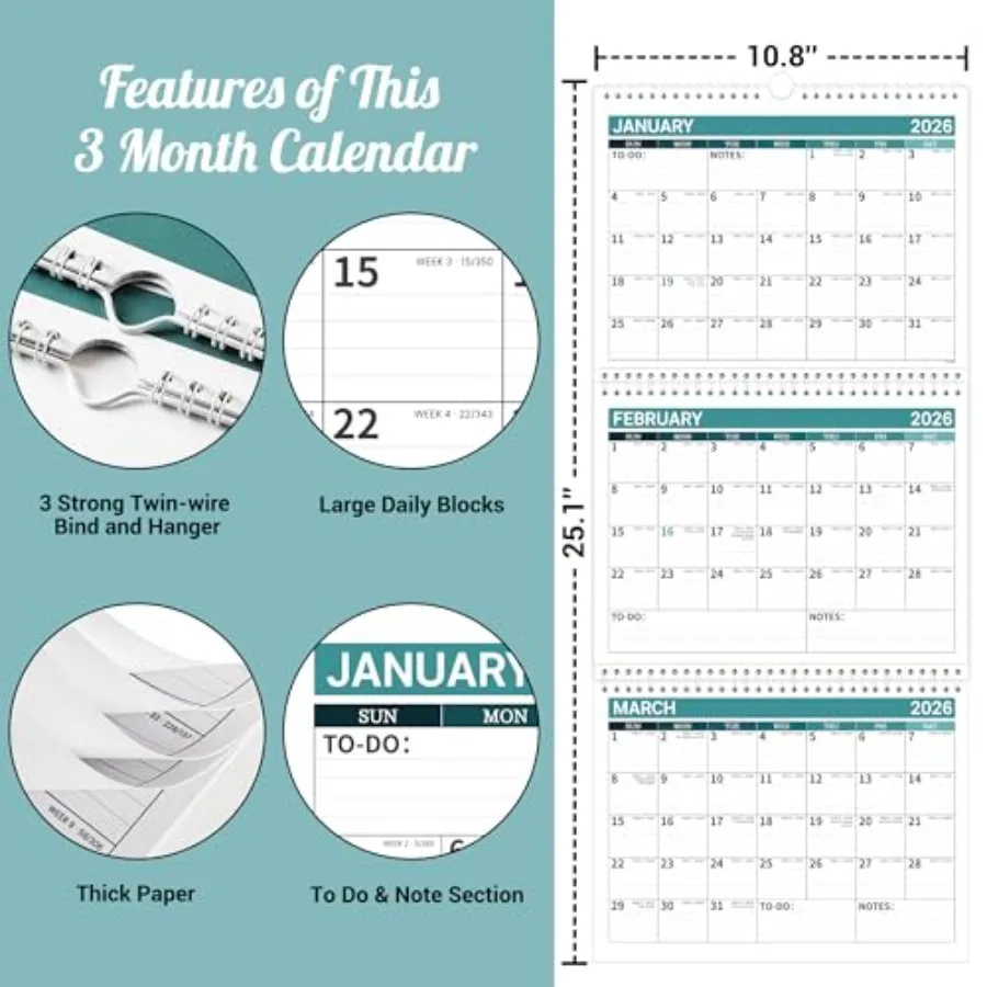 Calendario de 3 meses 20262027 20262027 Calendario de pared de enero de 2026Dec.2027 Moveae Calendario de visualización de 3 meses plegado en un mes 10,8" x