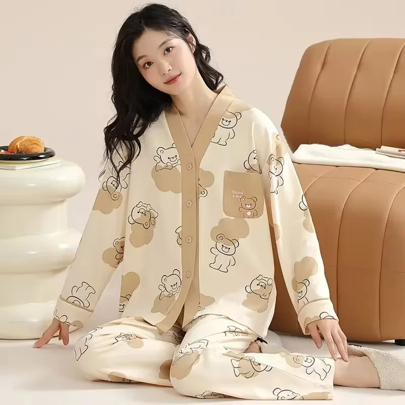 女性用コットンパジャマ,着物スタイル,カーディガン,ナイトウェア,ラージサイズ,ロングパジャマ,韓国,秋,春,M-2XL
