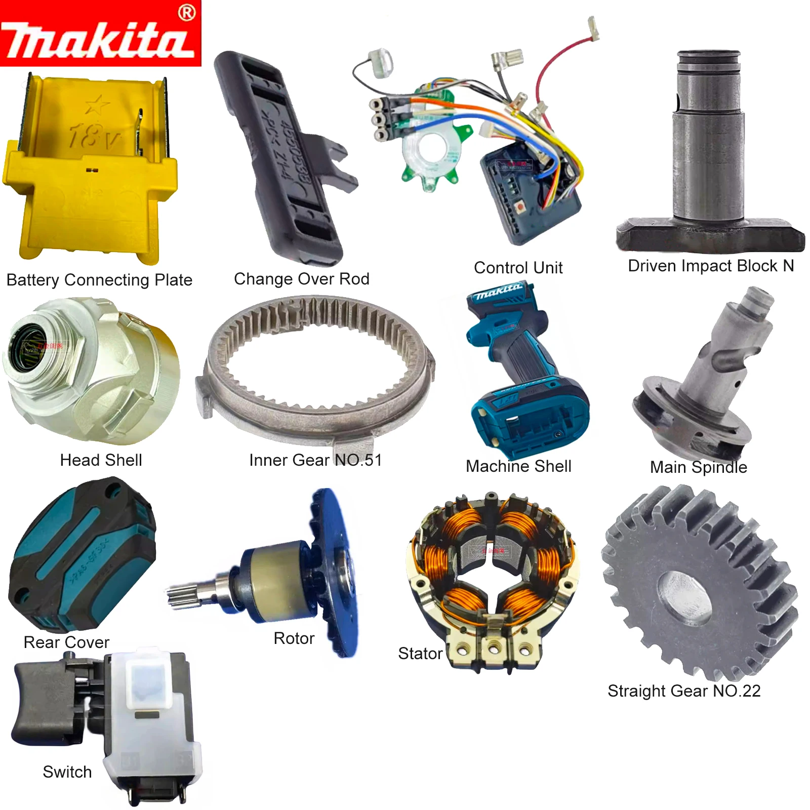 Makita Impact Block Shell Straight Gear Rotor Stator Rear Cover Switch Control Unit Main Spindle For Makita DTD154 Impact Wrench