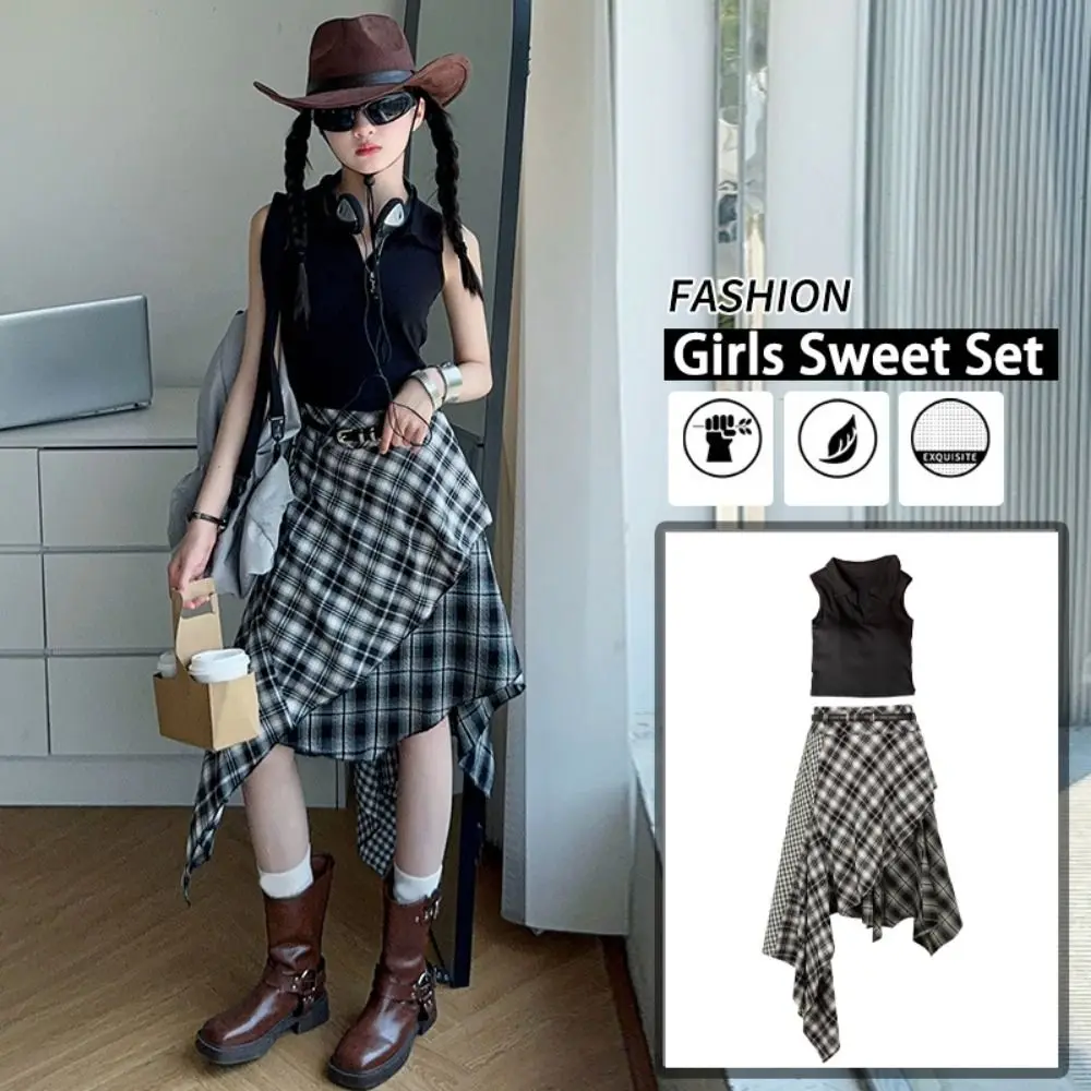 

Cool Plaid Pleated Girls Clothes Set Short Sleeve Irregular Midi Skirt Set y2k Outfits Teens Children Shorts Suit Students