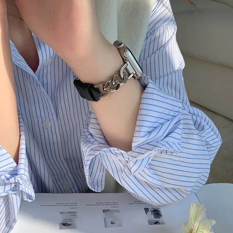 ファッションメタルブレスレットレザーストラップ Apple Watch ウルトラ 44 ミリメートル 45 ミリメートル狭い 14 ミリメートルチェーンデザイン女性バンド iWatch 9 8 7 6