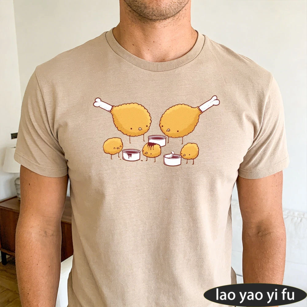 Cute Fried Chicken Family With Sauce Bowl Graphic Men Summer T Shirt Kawaii Food Cartoon Casual Short Sleeve Top