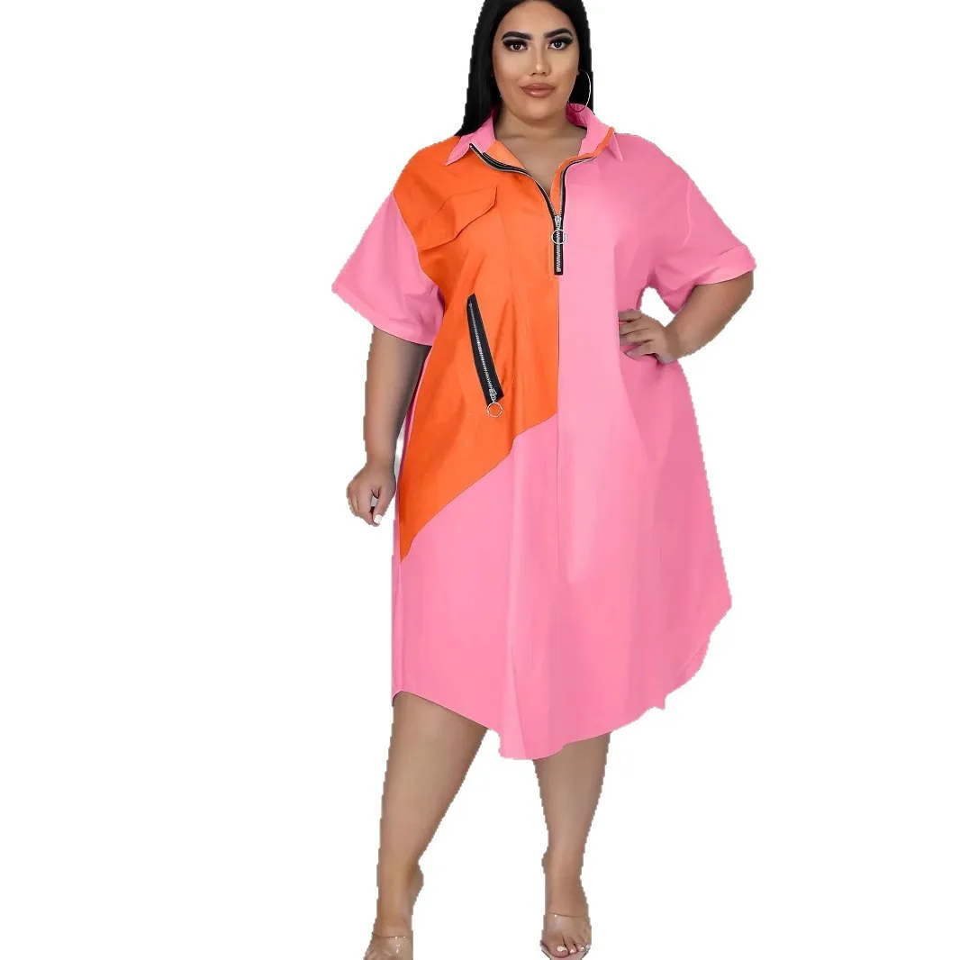 

Fashion casual plus-size women's loose color-blocking design short-sleeve zipper shirt 3D/stereoscopic pattern dress