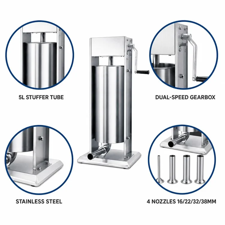 Commercial Sausage Stuffer Machine 5L Stainless Steel Manual Sausage Filler with Dual Speed Gearbox for Food Processing