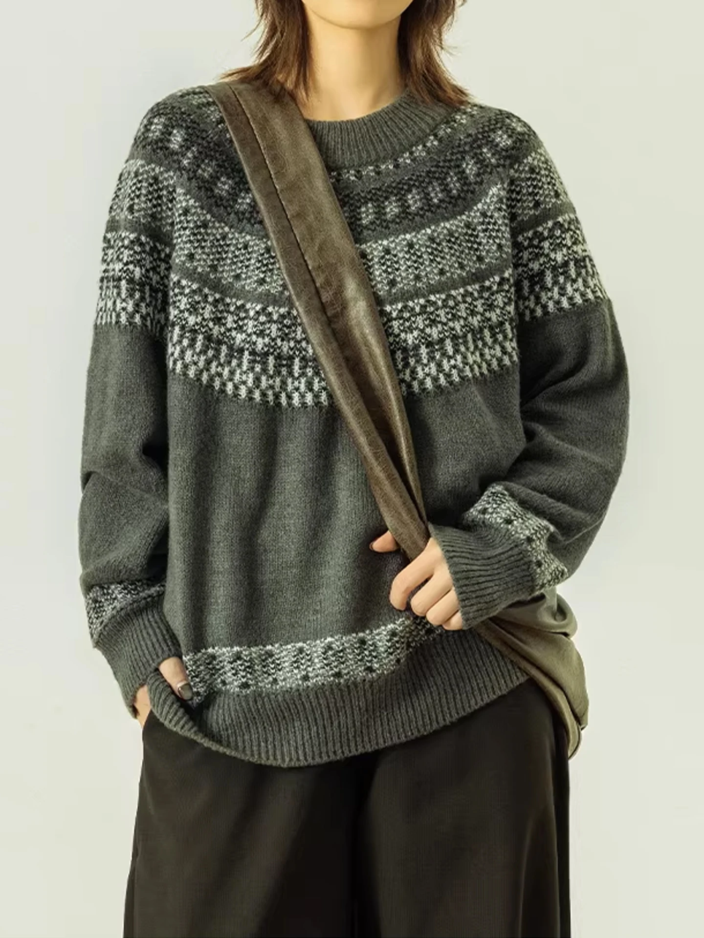 

Свободный вязаный свитер Fair Isle в стиле Lazy Sle от модного бренда, осенне-зимний, с ретро-цветочным узором, вязаный джемпер