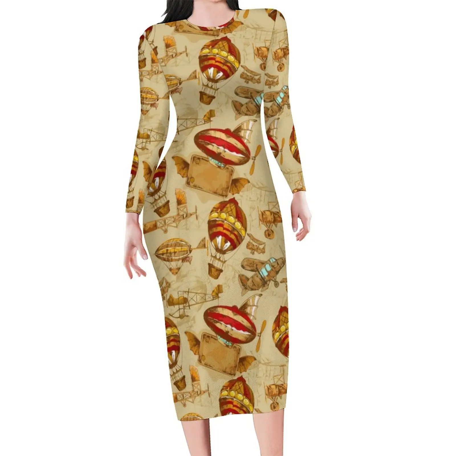 Balloon Transport Bodycon Dress Woman Steampunk Pattern Pretty Dresses Summer Long Sleeve Street Wear Graphic Dress Big Size