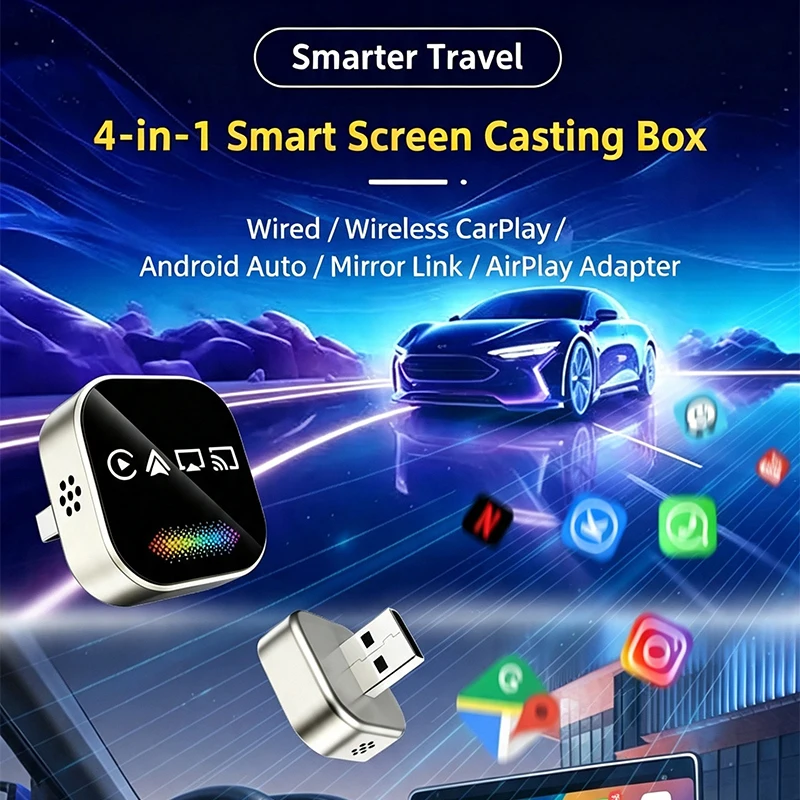 4in1 Wireless Carplay Adapter Android Auto Connect Airplay Mirror Link Screen Plug and Play Bluetooth for Apple and Android