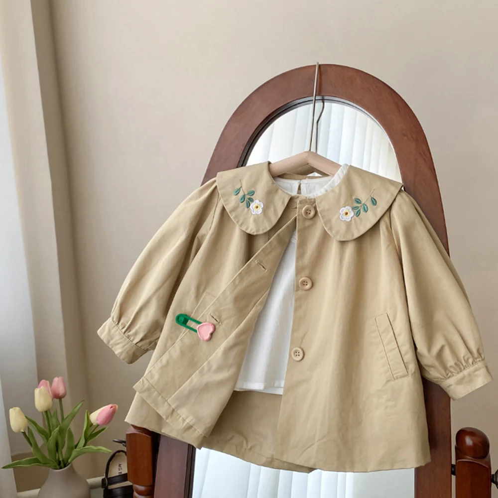 1-8Y Kids Girls Trench Coat Floral Embroidery Peter Pan Collar Versatile Windbreaker Children Casual One Breasted A-Line Jackets