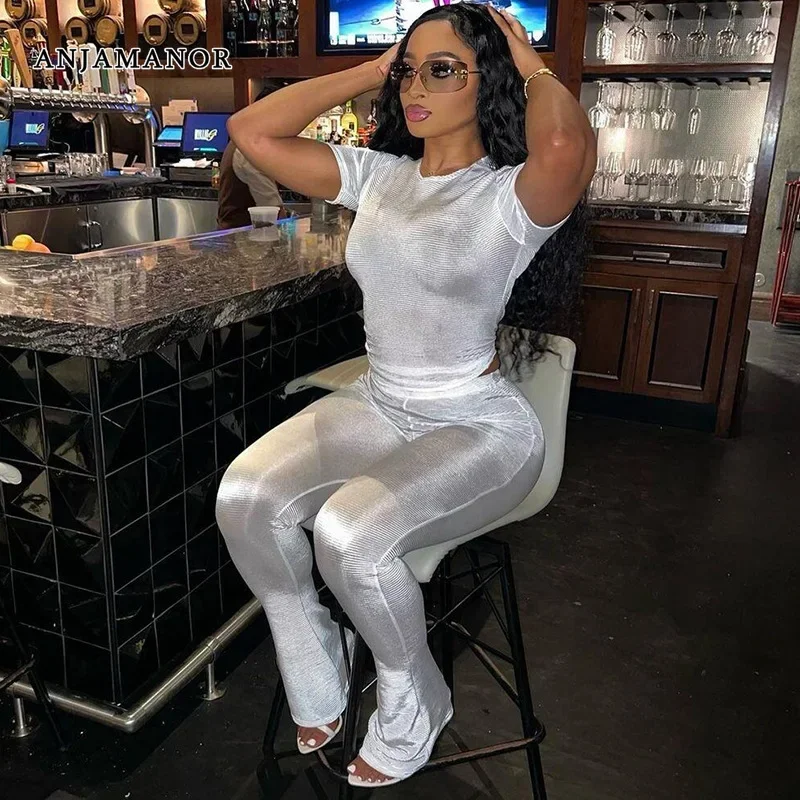 ANJAMANOR All White 2 Piece Sets Women Baddie Outfit Flare Pants and Top Matching Set Fall Stylish Clothes for Women D87-CG42