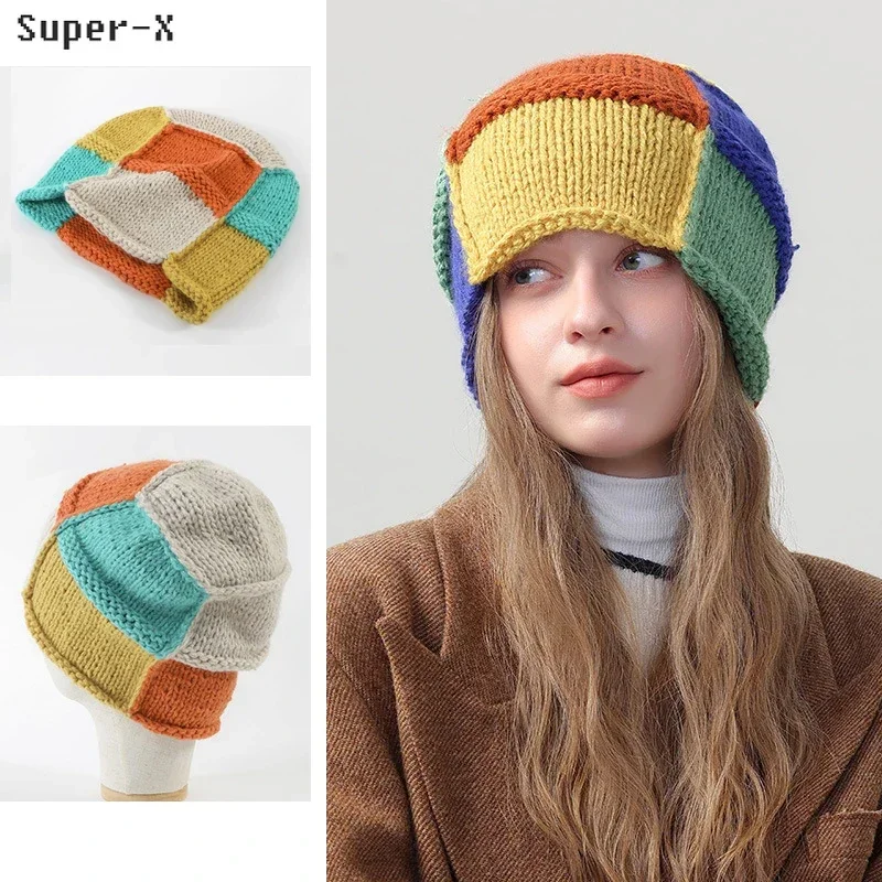 Fashion Y2K Knit Beanies Hats for Women Girls Autumn Winter Hats Color Block Patchwork Multicolor Bonnet Skullies Female