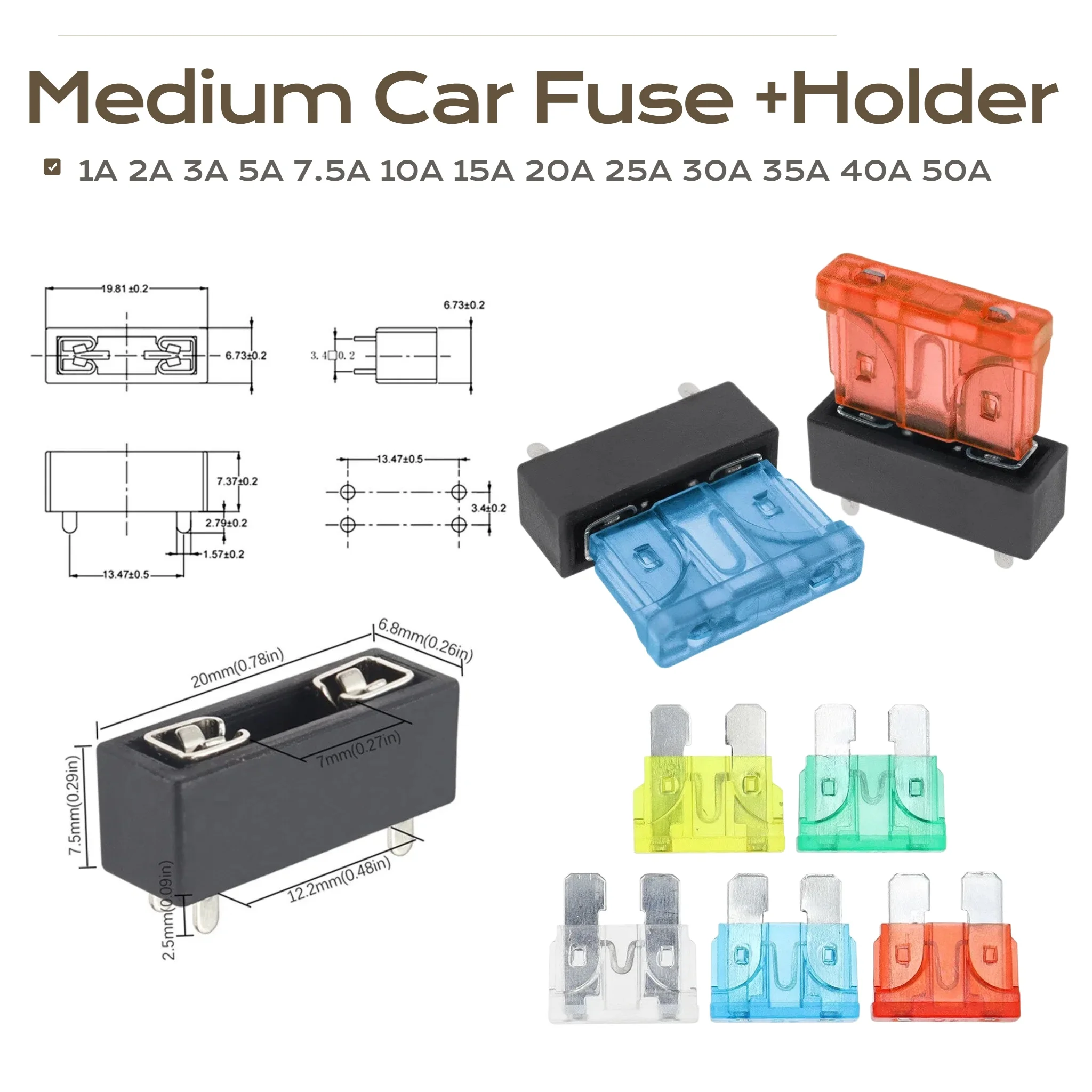 5/10/15/30PCS Medium Car Fuse Holder PCB Panel Mount Insurance Blocks Safety Terminals 1A 3A 10A 7.5A15A20A25A30A35A40A50A