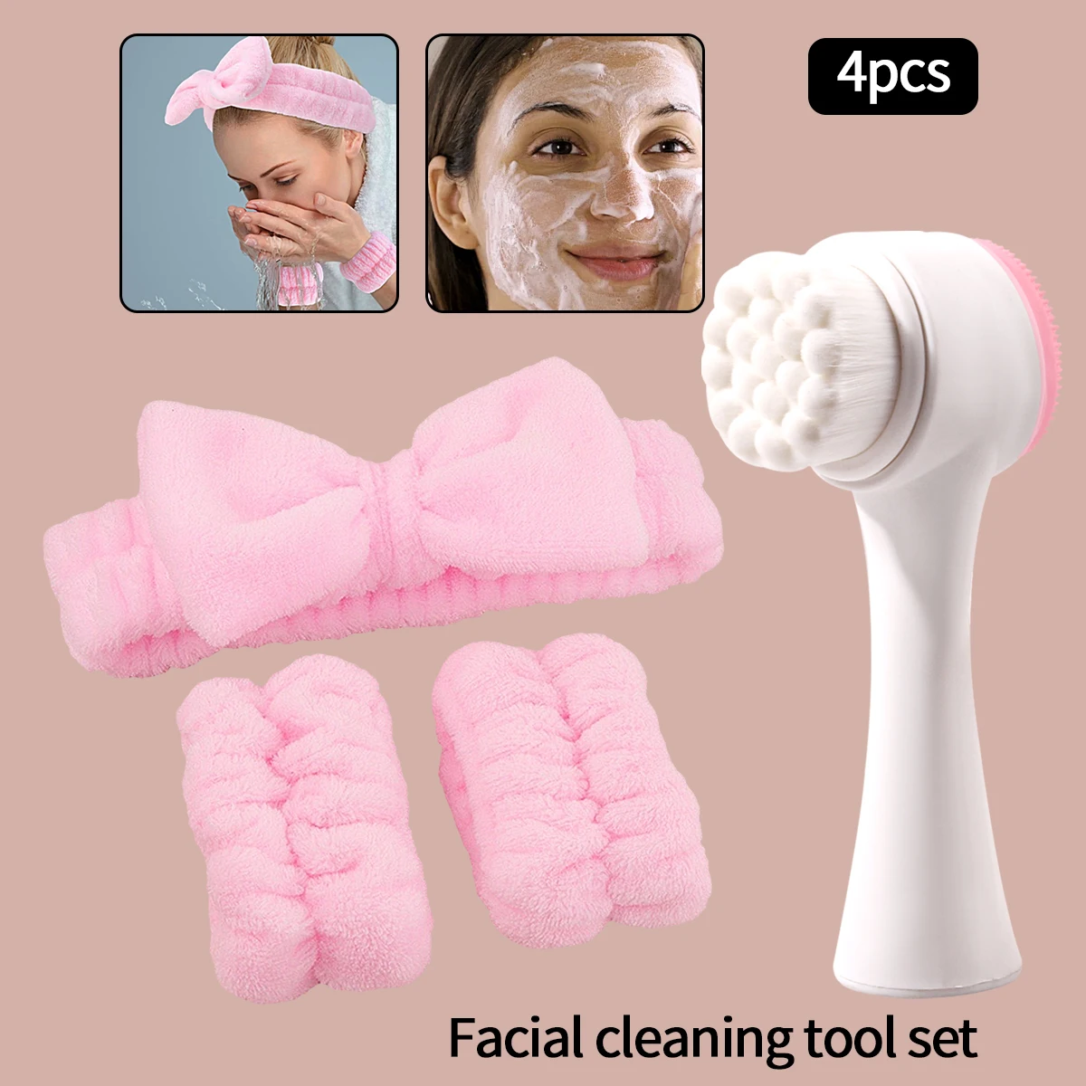 Diadema de spa para lavar la cara, diadema y juego de muñequeras para el cuidado de la piel, cepillo de limpieza facial, cepillo facial 2 en 1 para el cuidado de la piel