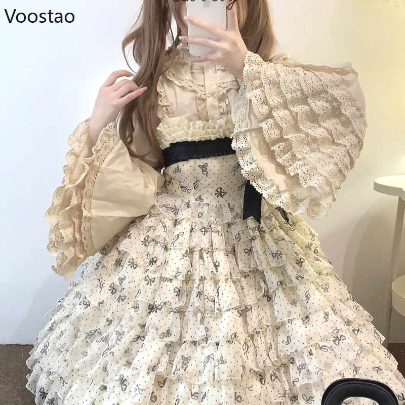 Victorian Gothic Lolita Shirts Women Vintage Sweet Lace Ruffles Bow Flare Sleeve Blouses Girls Harajuku Y2k Blusas Mujer Tops