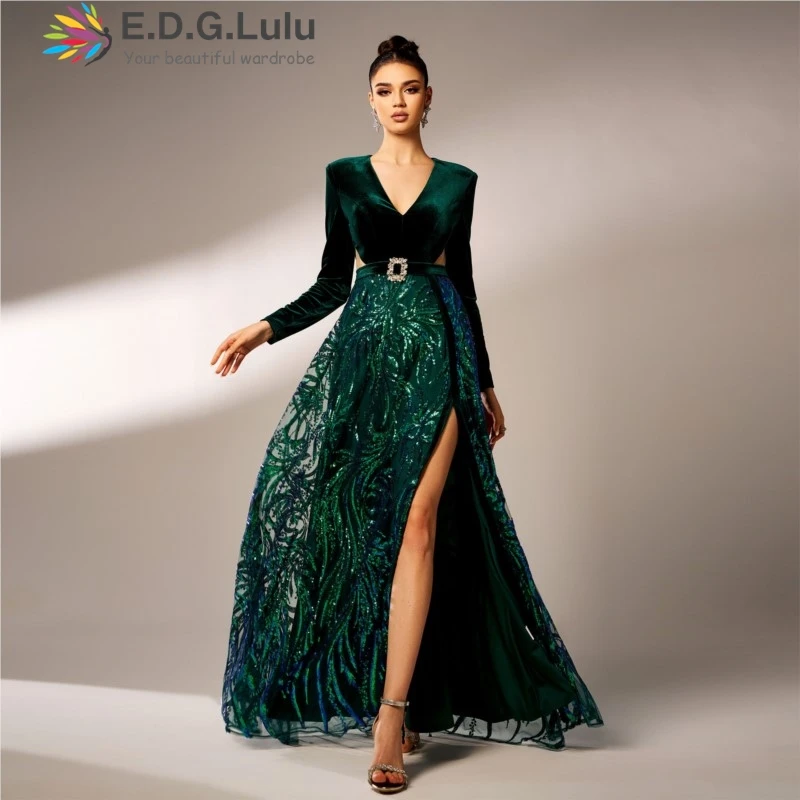 EDGLuLu  Long Sleeves Green Velvet Patchwork Sequin Print Evening Dresses Woman Waist Hollow High Slit Party Long Dresses 1224