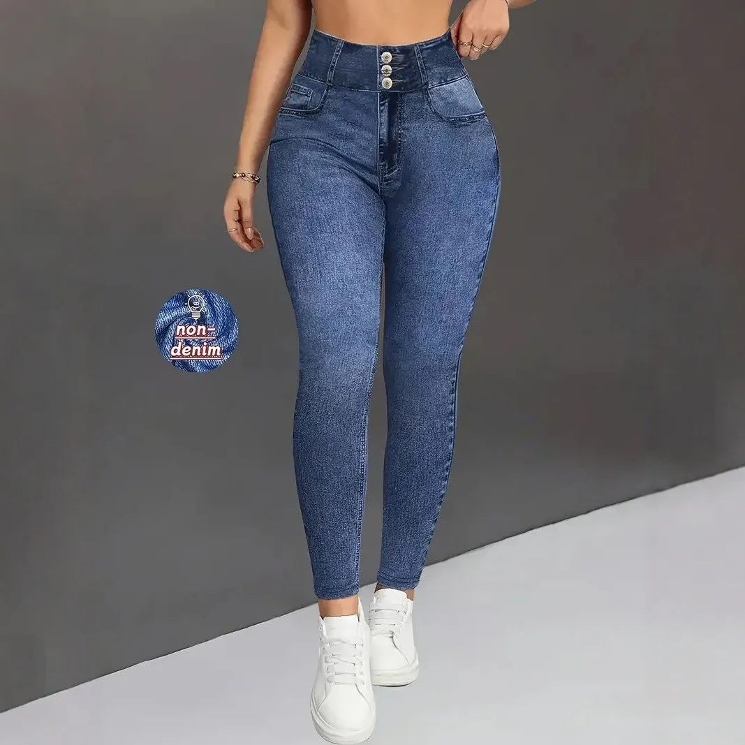 Damen High-Waist Hose in Denim-Optik, Slim Fit, Elastischer Bund, Bauchkontrolle, Po-Lifting, Lässige Hose – Detail 3