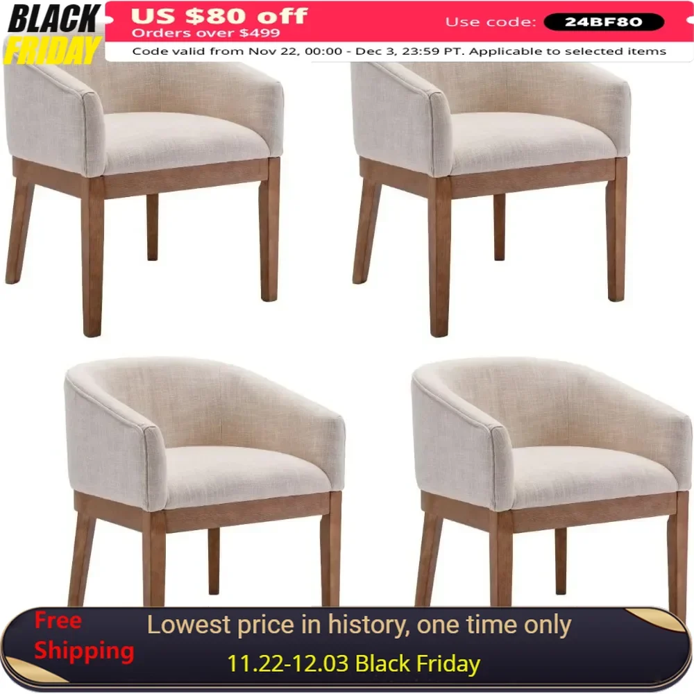 Dining Chair Set of 4 with Wood Legs, Curved Backrest, Mid-Century Modern Kitchen Chairs, Linen Upholstered Dining Chair