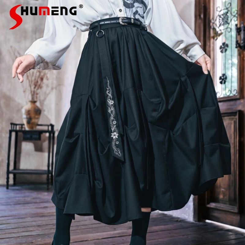 

Design Sense Irregular Pleated Slimming Black Casual Cool Midi Skirt Ladies New Chinese Style Embroidered Skirts Women's Clothes