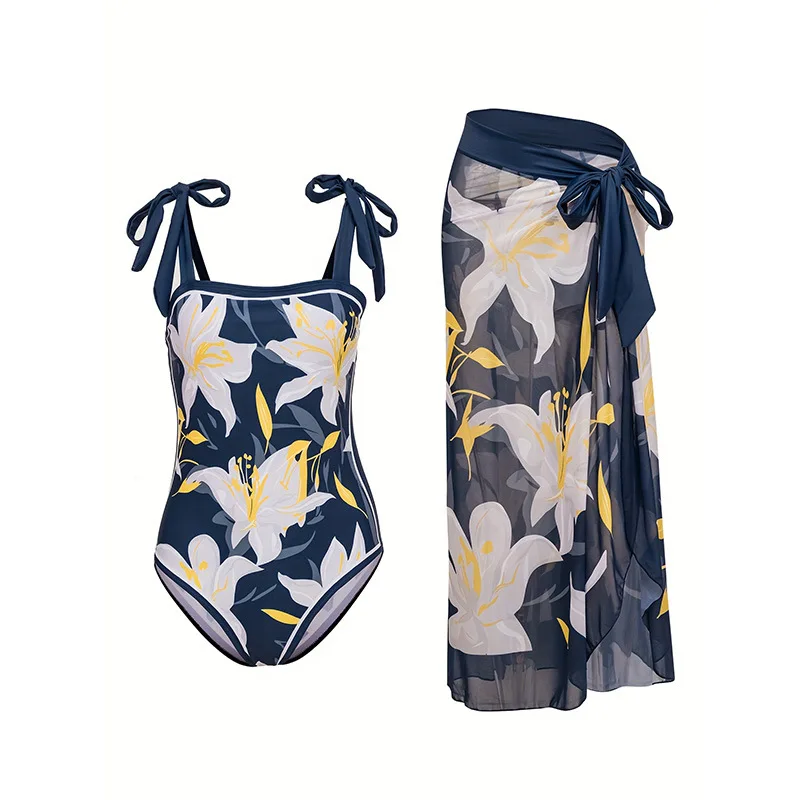 

2025 European and American One- Two-Piece Set New Sexy Bow Shoulder Strap Orchid Print High-End Swimsuit for W