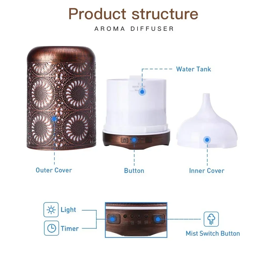 Air Humidifier Aromatherapy Essential Oil Diffuser Red Bronze Metal Mist Maker 7 Color Lights Change Lamp for Home Office SPA