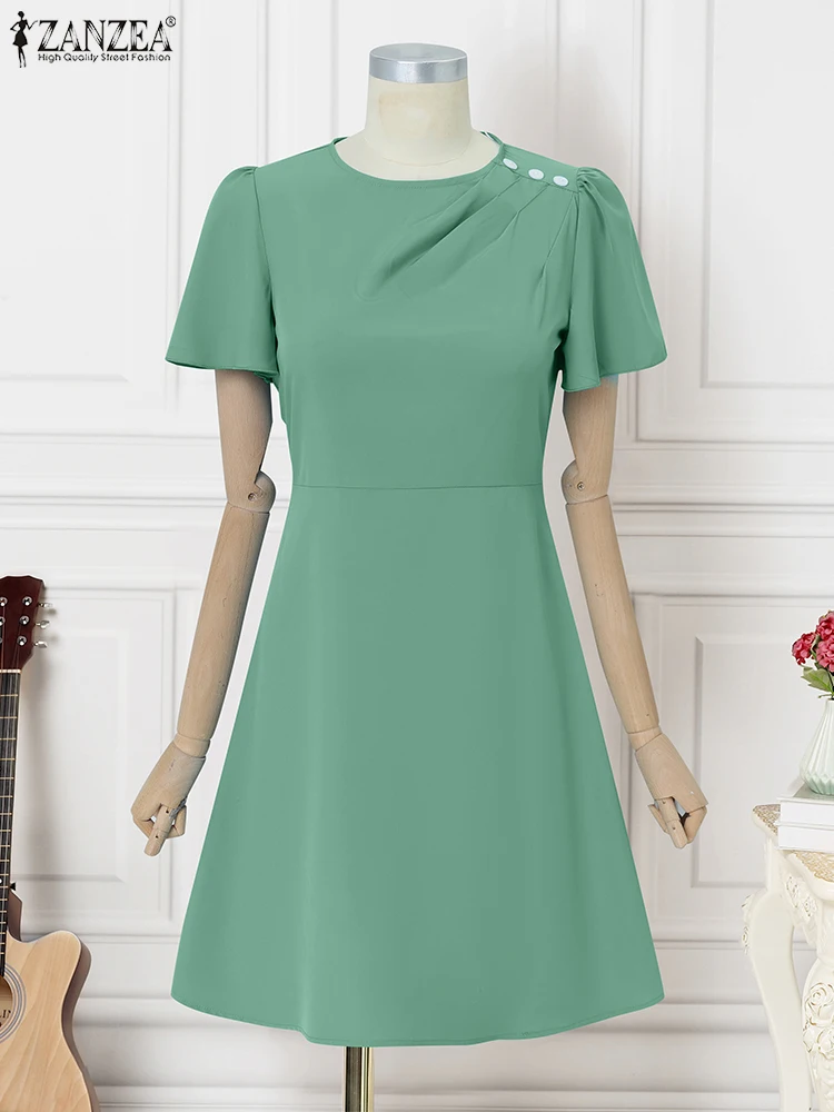 

ZANZEA Fashion Ruffle Sleeves A-line Dresses Fitted High Waist Pleated Detail Solid Elegant Kleid Woman Summer Knee-length Robes