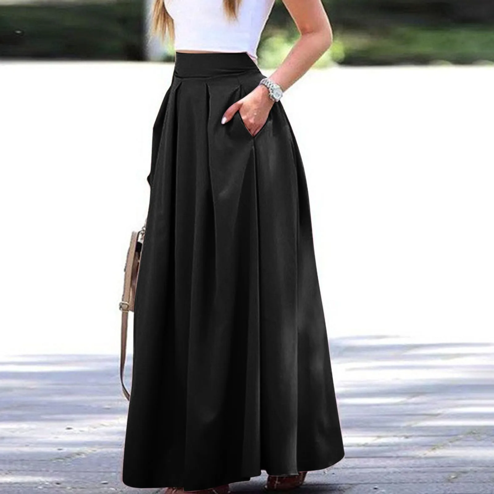 

Women's High Waist Skirt Large Size Solid Color Pocket Pleated Skirt Ol Elastic Waist Skirt Dress A Line Girls Maxi Skirt Female