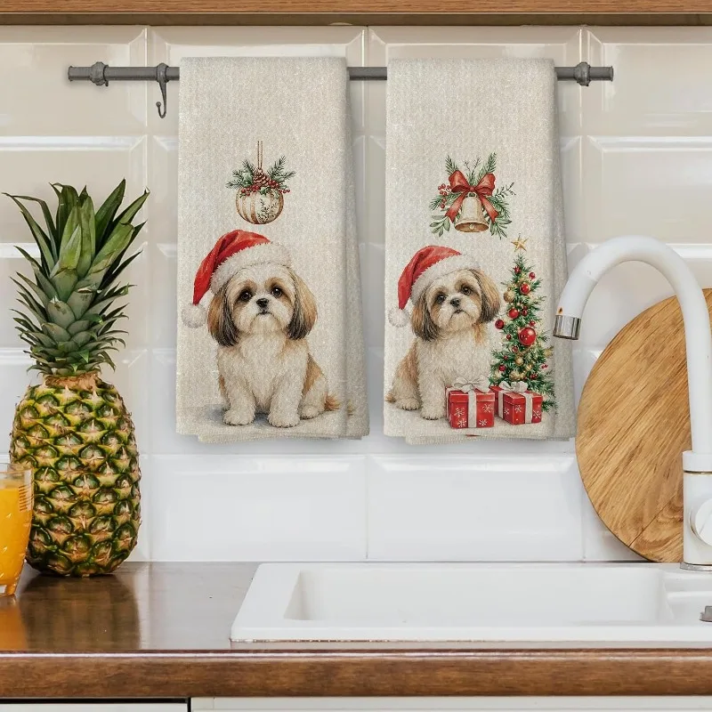2-Pack Shih Tzu Christmas Tree with Santa Kitchen Towels - Absorbent Dishcloths